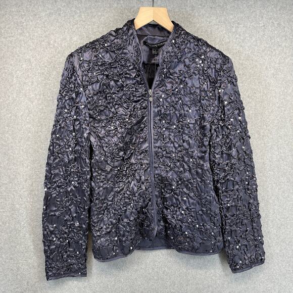 Adressing Woman Jackets & Blazers - Adressing Jacket Womens Large Gunmetal Gray Sequin Crinkle Embellished Full Zip